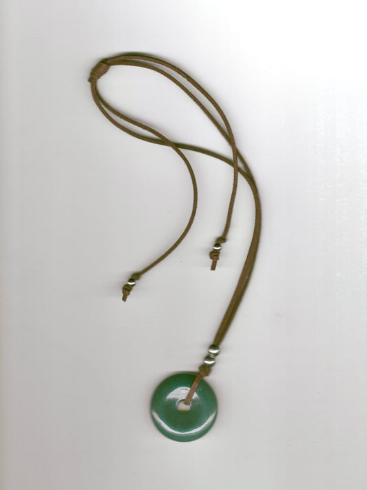 Suede Cord Jade Donut Necklace in Brown