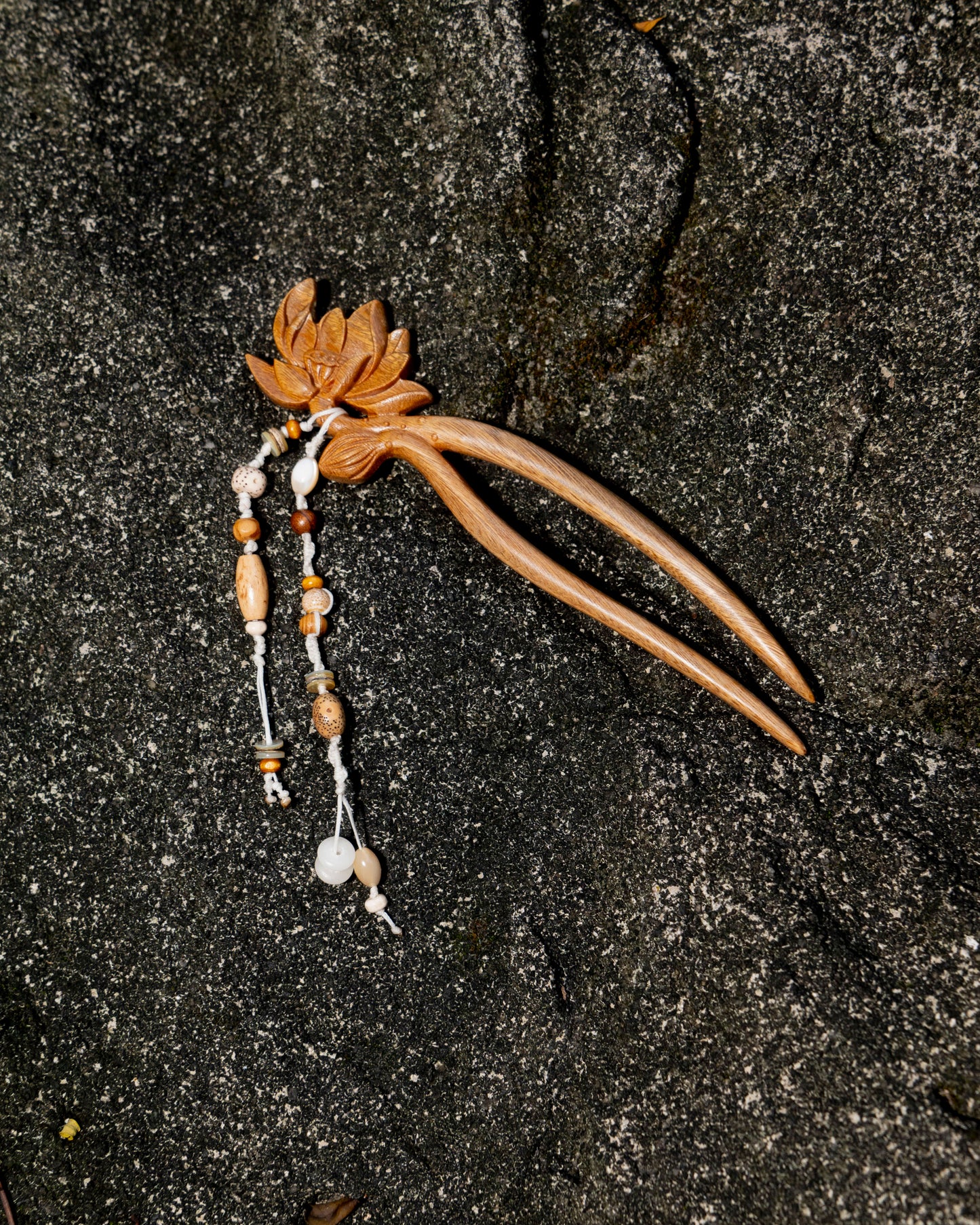 Carved Wood Lotus Hairpin