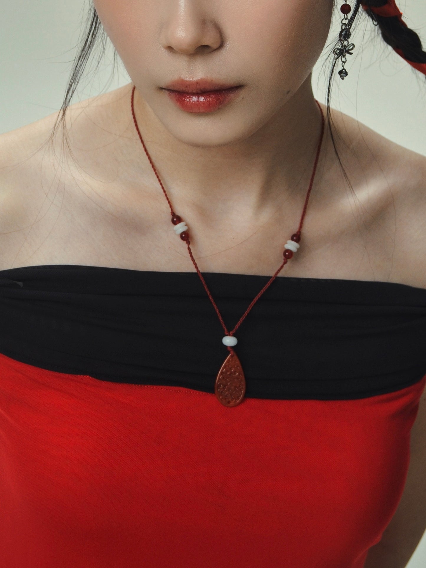 Red Jade Self-tie Ribbon Necklace